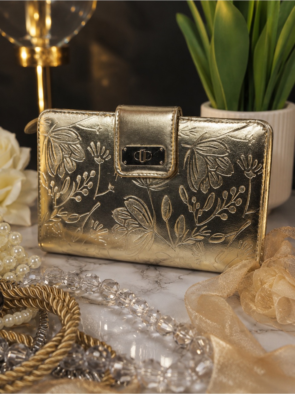 Gold Floral Embossed Women’s Wallet - Elegant Metallic Finish